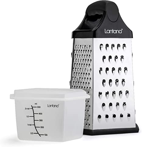 Lantana 6 sided Grater with Container – Hand held Grater/Slicer/Zester with 6 Essential Kitchen functions for Coarse, Medium, Fine, Micro-Grating/Zesting/Slicing - Black/Polished Stainless Steel