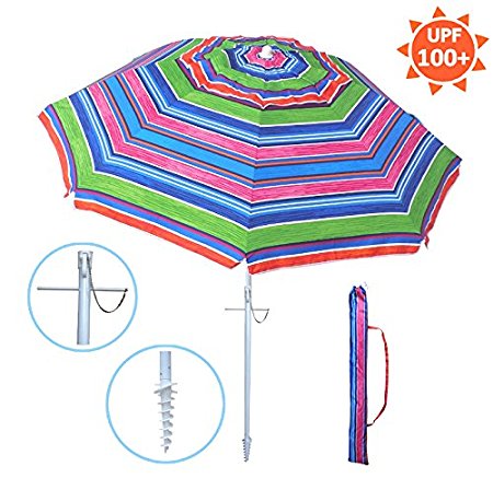 YATIO---7ft Beach Umbrella with Tilt and Integrated Long Sand Anchor, Windproof, Sun Protection SPF/UPF100  , Multi Color Stripe