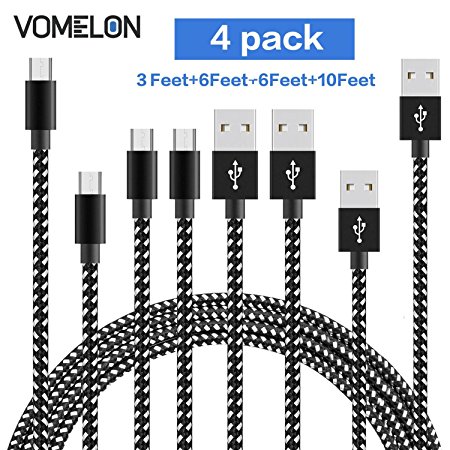 Micro USB Cable, [3FT 6FT 6FT 10FT] Nylon Braided High Speed Sync & Charging Cable A Male to Micro B for Samsung, HTC, LG, HP, Sony, Most Android Phones and More-[Black   White]