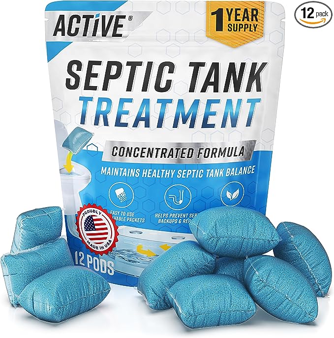 Septic Tank System Treatment Pods - 12 Dissolving Packets | Enzyme-Producing Live Bacteria Solution | 1 Year Supply Professional Eco-Friendly Maintenance | Prevent Clogs, Odor & Backups | Made in USA