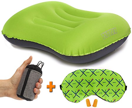 Ultralight Air Inflatable Camping & Travel Pillow – Compressible & Compact – Quick Inflation/Deflation – Soft & Comfort with Neck/Lumber-Support while Camp– With Sleeping Mask, Earplug & E-Book