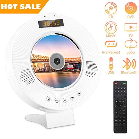 Jinhoo Portable Bluetooth DVD CD Player Wall Mountable DVD CD Player with Built-in HiFi Speakers, PAL NTSC System, Anti-Skip Protection LED Display USB Slot and HDMI Output for TV Projector