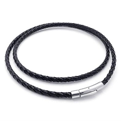 Jonline24h Black Braided Leather Cord Rope Necklace Chain Stainless Steel Clasp 4mm 14-30 inch Gift