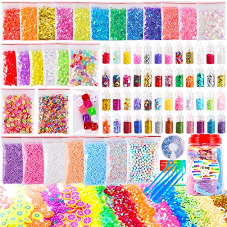 Pllieay 82 Pack Supplies Kit for Slime Making Include Foam Balls, Glitter Jars, Fruit Slices, Pearls, Sugar Paper, Tools, Fishbowl and Candy Sweets Beads for DIY Craft Homemade Slime(Not Contain Slime)