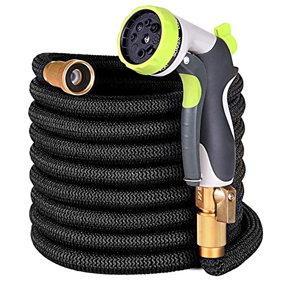 Garden Hose - Water Hose Nozzle - Best 50ft Expandable Garden Hose and Spray Nozzle Set - 8 Spray Patterns - Standard 3/4 Inches Brass Fittings - Ideal for Watering Garden Lawn, Washing Cars and Pets