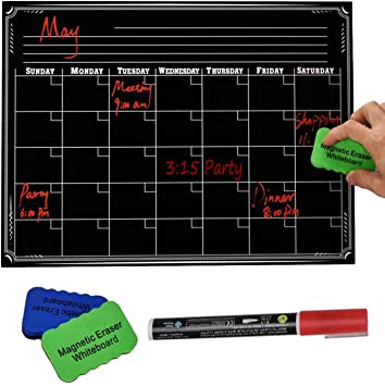 PAPRMA Magnetic Dry Erase Calendar, Refrigerator Chalkboard, Monthly Calendar Set for Kitchen Refrigerator, 16" x 12" Large Magnetic Black Board