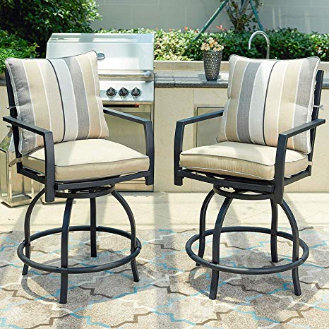 LOKATSE HOME Patio Height Chair Set of 2 Outdoor Swivel Bar Stools with Seat and Back Cushions, White-2