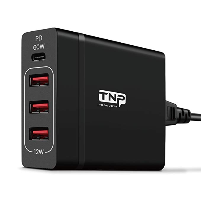 TNP USB-C Type-C PD Charger - USB-IF Certified 72W 4-Port Desktop Wall Charger w/ 60W Power Delivery Port, Compatible w/MacBook Pro/Air 2018, iPad Pro 2018, iPhone XS/Max/XR/X/8/7, Galaxy S9/S8