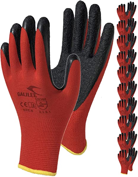 Coated Work Gloves for Men and Women, 10-Pair Pack, Safety Gloves for Working, Gardening, Utility, Rugged Latex Rubber Firm Grip Coating (Medium, Red)
