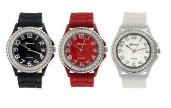 Geneva Platinum Silicone Band CZ Watch Set (Black, White, Red)