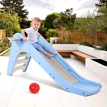 WELSPO Freestanding Slides for Kids, Indoor / Outdoor Toddler Toy Folding Slide with Basketball Hoop