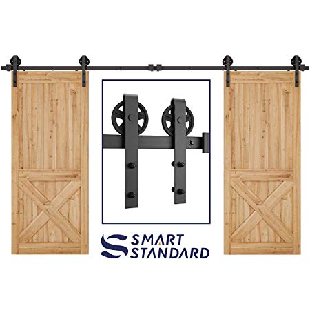 SMARTSTANDARD 12ft Heavy Duty Double Door Sliding Barn Door Hardware Kit -Smoothly and Quietly -Easy to install -Includes Step-By-Step Installation Instruction Fit 36" Wide Door Panel(Bigwheel Hanger)