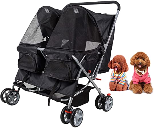 Dporticus 4 Wheel Pet Stroller Foldable Two-Seater Carrier Strolling Cart for Dog、 Cat and More Multiple Colors