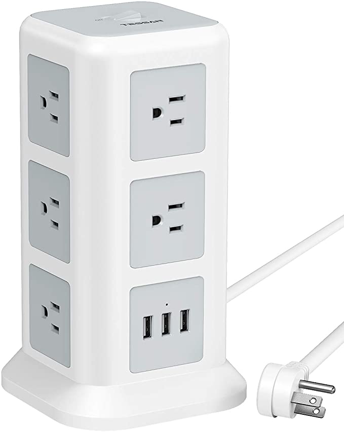 TESSAN Surge Protector Power Strip Tower, Flat Plug Desktop Charging Station with 11 Wide-Spaced Outlets and 3 USB Charger, 15A/ 6.5ft Extension Cord for Home, Office, Dorm Essential