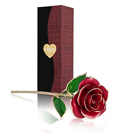 YKS Love Forever Long Stem 24k Gold Foil Trim Red Rose Flower, Best Gift for Valentine's Day, Mother's Day, Anniversary, Birthday Gift