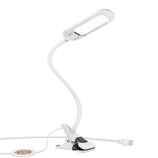 LED Desk Lamp, LVWIT Dimmable Bright 5W USB Max Clip Lights Lamp, Stepless 5% to 100% with Adjustable Color Temperature 3000K to 6000K, Flexible Neck for Children Reading Bedside Bed White