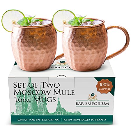 Moscow Mule Copper Mugs Set of 2 Cups, Classic 16oz Hammered Barrel with Pure Copper Handle. Beautiful Finish and with our Legendary Service