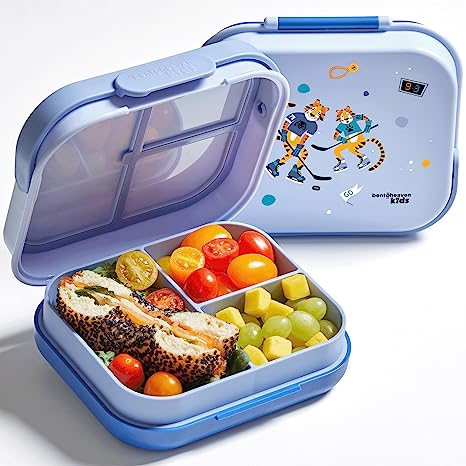 Bentoheaven Premium Bento Lunch Box for Kids, 9 Designs, Leak-proof 3-4 Compartments, Divider, Ideal size 30oz, Microwave/Dishwasher Safe Kids Bento Box (Loncheras Para Niños/Niñas)[Ice Blue]