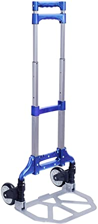 Folding Hand Truck, Portable Aluminum Dolly Luggage Cart 165lbs Capacity with 2 Wheel, Folding Multi-use Carrier with Non-Skid Rubber Handle for Travel (Pure Blue)