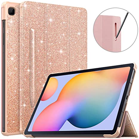 MoKo Case Compatible with Galaxy Tab S6 Lite 2020, Ultra Slim Tri-Fold Cover with Auto-Wake/Sleep & Pen Holder Fit Samsung Galaxy Tab S6 Lite 10.4 2020 SM-P610/P615 ONLY - Pink Glitter