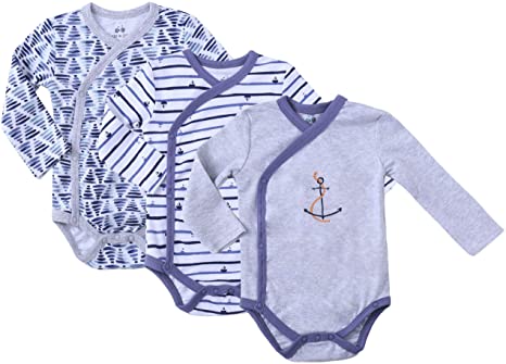 Baby Boy's 3-Pack Long-Sleeve Kimono Bodysuit Set -Side Snap Onesie Infant Bundle.