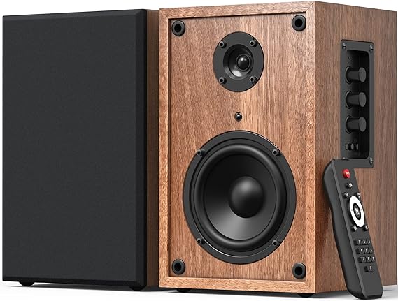 Udreamer Bluetooth Bookshelf Speakers Powered Speakers for Record Player Active Speaker with Treble & Bass Adjustment Support RCA Aux USB SD Card Wireless Input Remote Control 40 Watts RMS Wood Finish