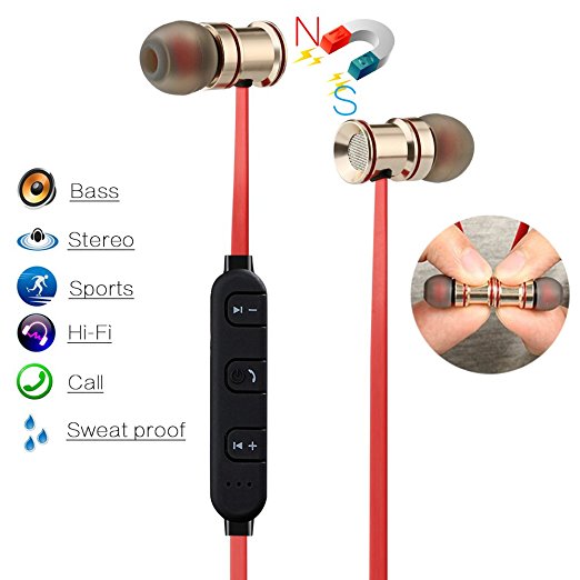 Wireless Bluetooth in Ear Super Bass Stereo Headphones,Guyshero Magnetic Sport Light Weight Earbuds with Volume Control and Microphone (Metal Red)