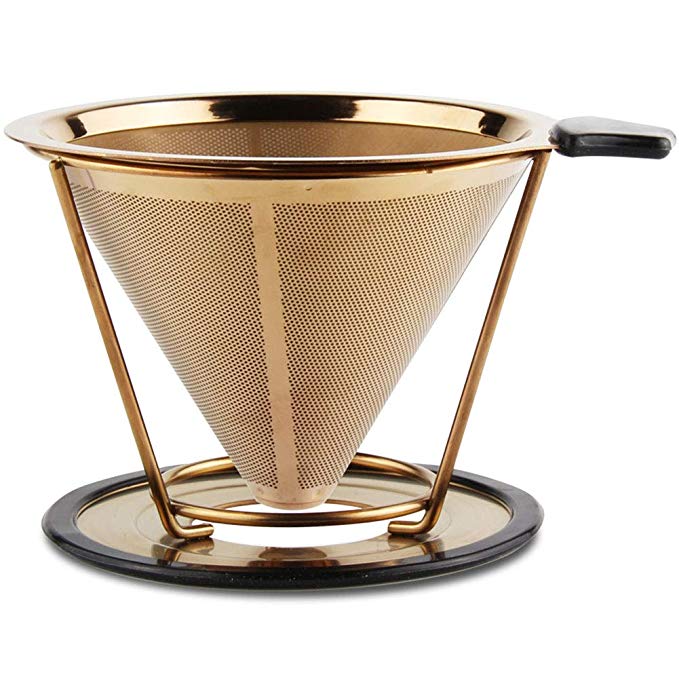 Sivaphe Pour Over Coffee Filter Brewer Reusable Stainless Steel Metal Double-Layered Mesh Mug Cone Coffee Dripper for Travel Camping 2 Cup (Gold)