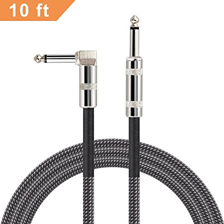 Xcords Guitar Instrument Cable, 10ft Hi-Fi Sound Quality 1/4 Inch Straight to Right Angle Nylon Braided Audio Cable for electric guitar,bass guitar,electric mandolin,pro audio and more(Black Grey)