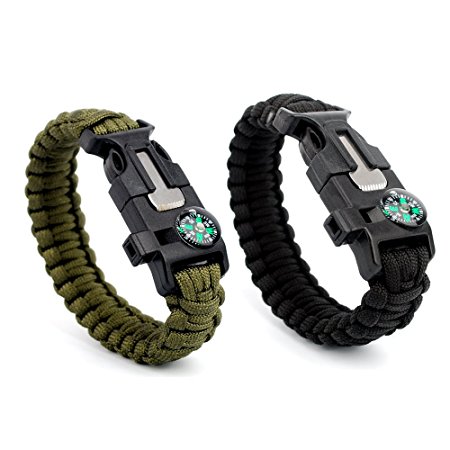 Alucky Multifunctional Emergency Paracord Bracelets Survival Gear Kit with Whistle,Compass,Emergency Knife,Fire Starter,Scraper, Pack of 2