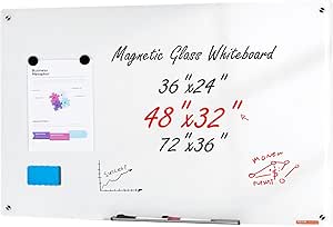 VEVOR Magnetic Glass Whiteboard, Dry Erase Board 48"x32", Wall-Mounted Large White Glassboard Frameless, with Marker Tray, an Eraser and 2 Markers, White