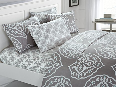 Chic Home 6 Piece Marquis Two-tone medallion print pattern design King Sheet Set Grey