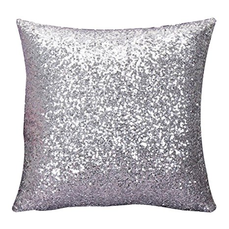 Perman Solid Color Glitter Sequins Throw Pillow Case Sofa Home Decor Cushion Covers 16*16" (Silver)