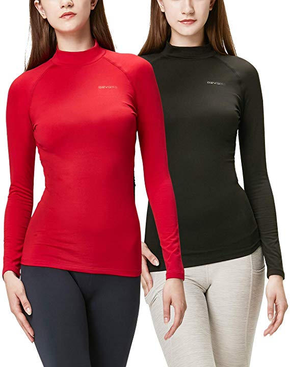 DEVOPS Women's 2 Pack Thermal Heat-Chain Compression Baselayer Tops Mock Turtleneck Long Sleeve T-Shirts