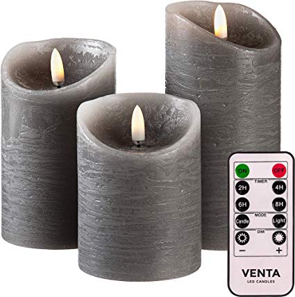 Venta Set of 3 Realistic Flameless Grey LED Candles with Remote Control - 4'' 5'' 6'' Electric Wickless Pillar Battery Operated Candles with Flickering Flame Timer