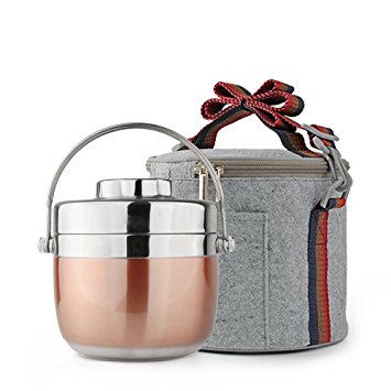 Fatmingo Stainless Steel Insulated Lunch Box Container 2 Tiers with Insulation Hand Bags 1.2L Rose