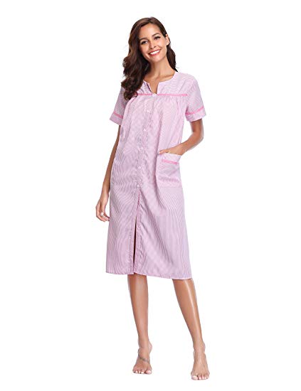 Lusofie Nightgowns for Women Short Sleeve House Dress Button Down Striped Sleepwear S-XXL