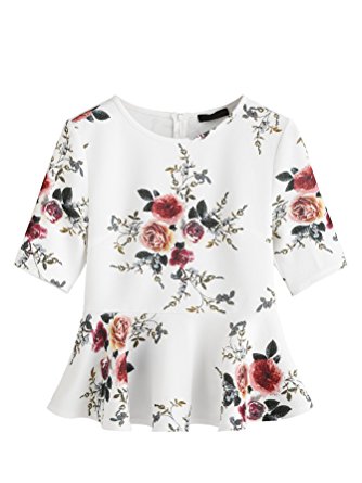 Romwe Women's Cute Floral Print Round Neck Ruffle Hem Peplum Tops