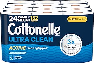 Cottonelle Ultra Clean Toilet Paper, 24 Family Mega Rolls, Strong Bath Tissue (Equals 132 Regular Rolls)