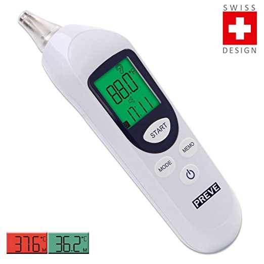 PREVE Deluxe Medical Clinical Infrared Digital Ear Thermometer Fever Alarm Large Color Screen Multiple Use for Babies,Infants,Children,Adults
