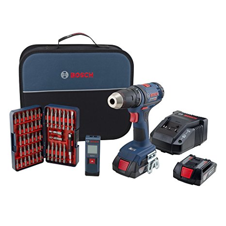 Bosch DDB181-02 18-Volt Lithium-Ion 1/2-Inch Compact Tough Drill/Driver Kit with 2 Batteries, Charger and Contractor Bag w/ Compact Laser Measure and 47-pc Bit Set