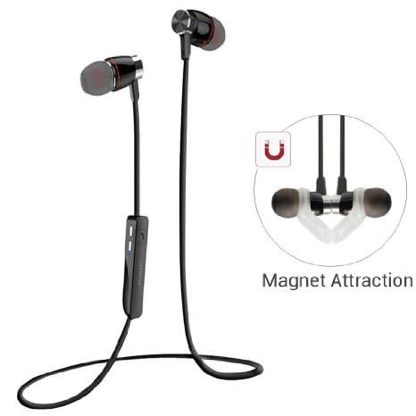 Bluetooth Headphones Pobon V4.0 Wireless Bluetooth Earbuds [Magnet Attraction] Sport In-Ear Noise Cancelling Headphones with Microphone, Sweatproof Bluetooth Earphones Hands Free Stereo Headset -Black