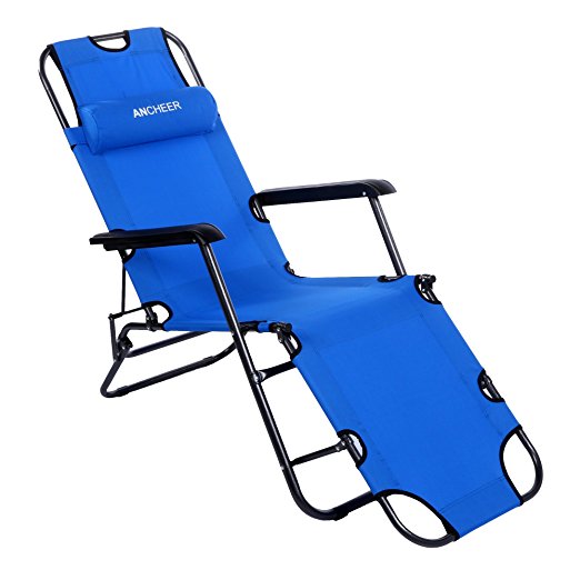 Ancheer Folding Lounge Chair Chaise Patio Outdoor Pool Beach Lawn Recliner Portable Cot with Adjustable Pillow