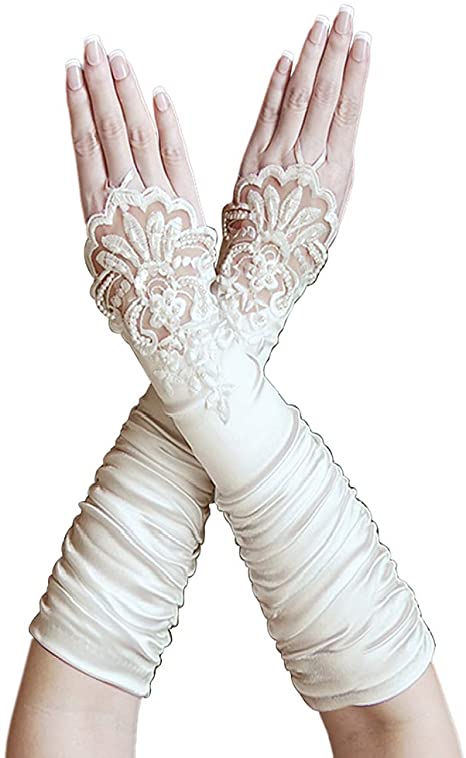 ZAZA BRIDAL Gathered Satin Fingerless Gloves w/Floral Embroidery Lace & Sequins