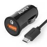 Qualcomm CertifiedAukey Quick Charge 20 PowerAll 18W USB Car Charger Adapter for Samsung Galaxy S6S6 Edge and more24A for Android2A for AppleFREE Extra Long 33FT Micro USB Cord Cable- Black