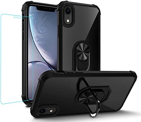 for iPhone XR Case, DMDMBATH Case for iPhone XR with Ring Holder and Screen Protector Kickstand All-Inclusive Thickened Anti-Fall Hard Pc Clear Back Shell Ring Magnetic Car Mount (Black)