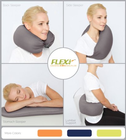 The Original FLEXi 4-in-1 Convertible Travel Pillow for Side, Stomach and Back Sleepers. Lumbar Support. Features Adjustable Strap and Travel Bag. Four colors. Washable. (Gray)