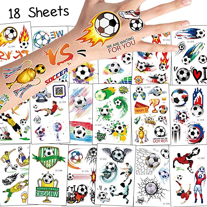 80PCS Kids Tattoos, 18 Sheets Football Temporary Tattoos for Boys Waterproof Body Art Sticker Soccer Sport Party Bag Filler Child Gift