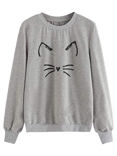 ROMWE Women's Cat Print Lightweight Sweatshirt Long Sleeve Casual Pullover Shirt
