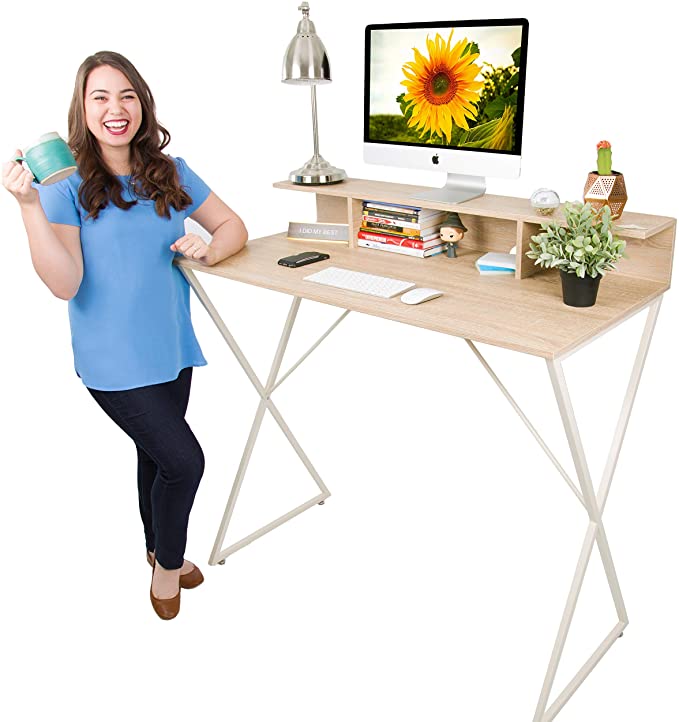 Stand Steady Joy Desk | New & Improved | Modern Stand Up Workstation with Storage Cubbies | Pretty Standing Desk with Large Desktop | Multifunctional Table for Home & Office (Maple Wood Grain / 48 x 4